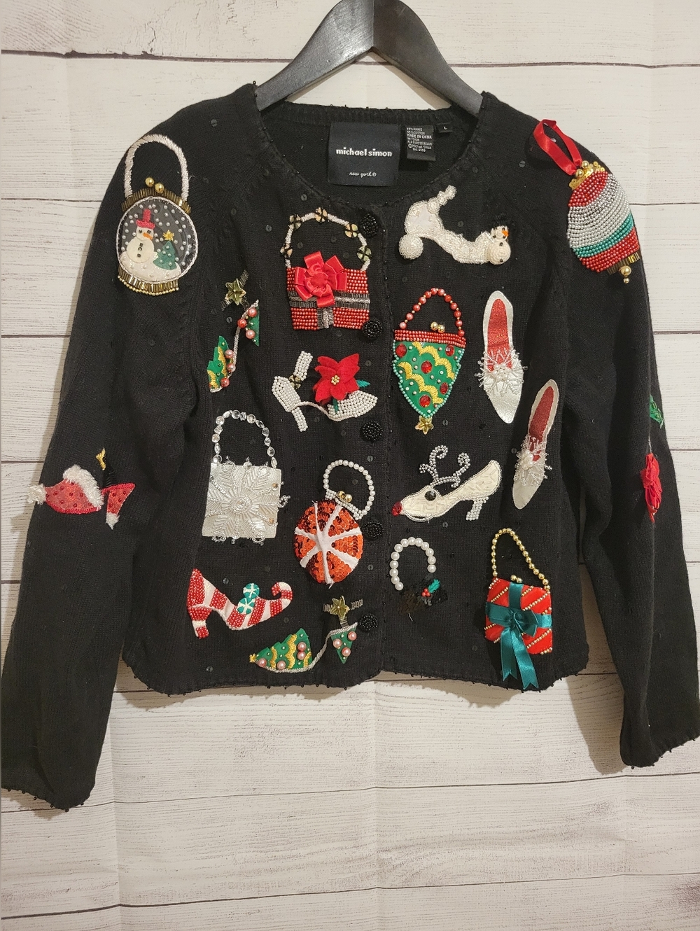 Rare Vintage Michael Simon Christmas Cardigan Sweater Heavily Embellished Large